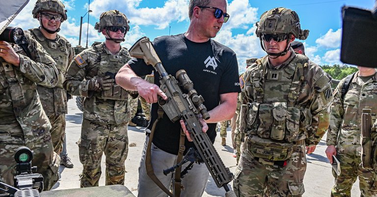 Secretary of the Army, Hon. Dan Driscoll, holds an XM7 rifle while visiting Fort Stewart, GA., June 23, 2025. (U.S. Army/Sgt. David Resnick)