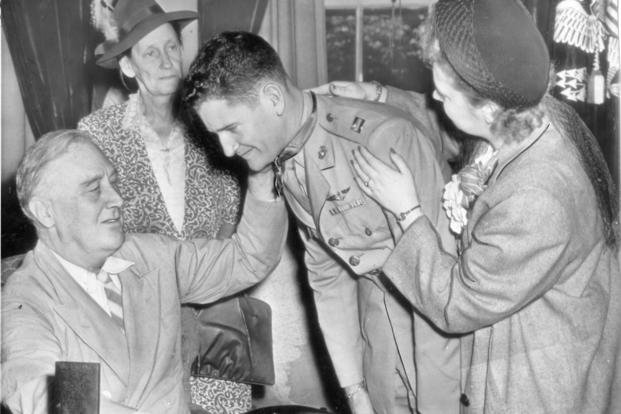 Capt. Joseph J. Foss receives the Medal of Honor from President Franklin D. Roosevelt