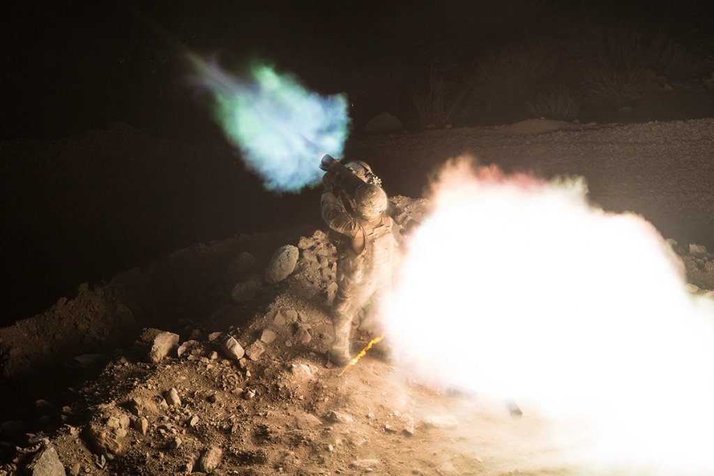 Spc. Michael Tagalog, assigned to 82nd Airborne Division, fires a Carl Gustaf recoilless rifle from an observation post in Pekha Valley, Afghanistan, Sept. 11, 2017. (U.S. Army/Cpl. Matthew DeVirgilio)