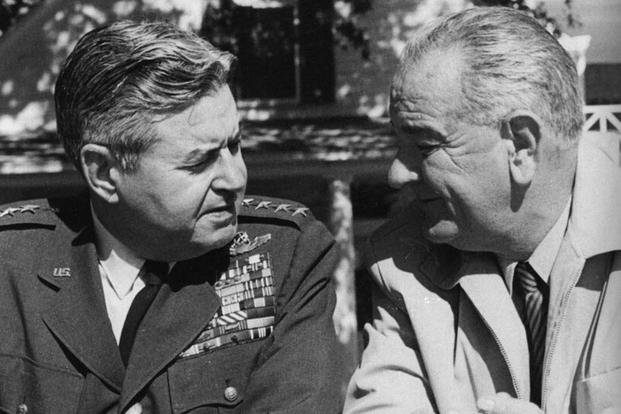 President Lyndon B. Johnson with Air Force Gen. Curtis LeMay at Johnson's Texas Ranch in 1963.