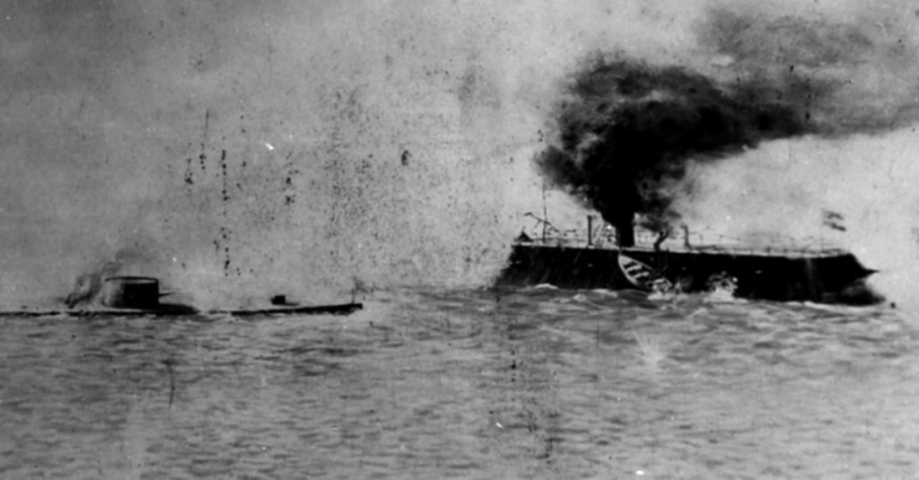 a photo of the battle of hampton roads, when the USS Monitor fought the Merricak, later CSS Virginia as lincoln led recon mission