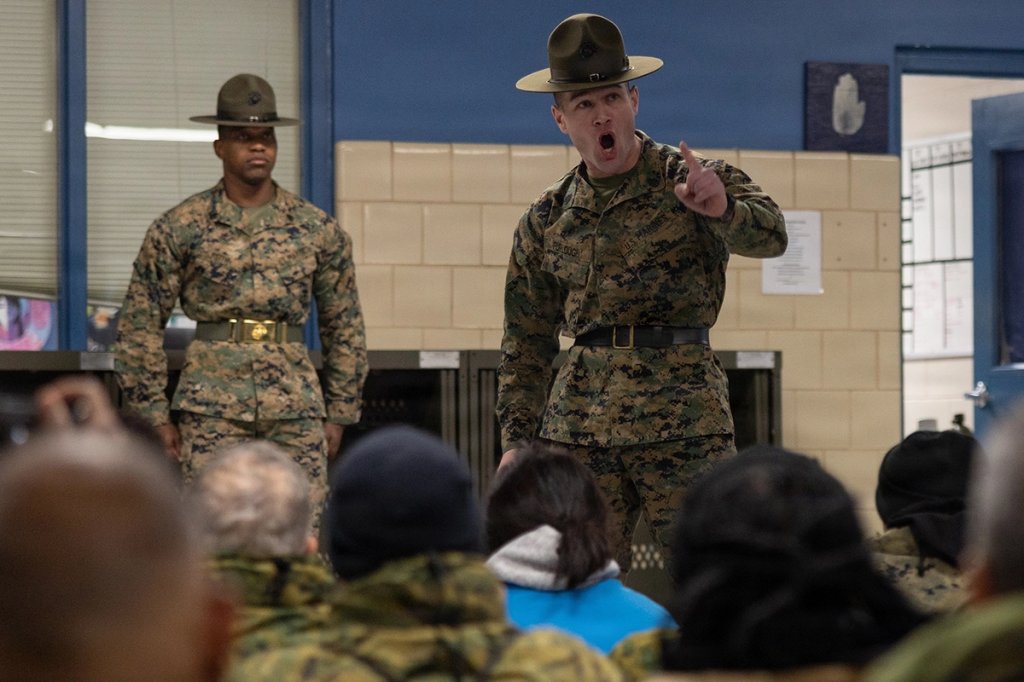 Florida educators receive a demonstration of the drill instructor speech during the Educators’ Workshop. (U.S. Marine Corps/Lance Cpl. Ayden Cassano)