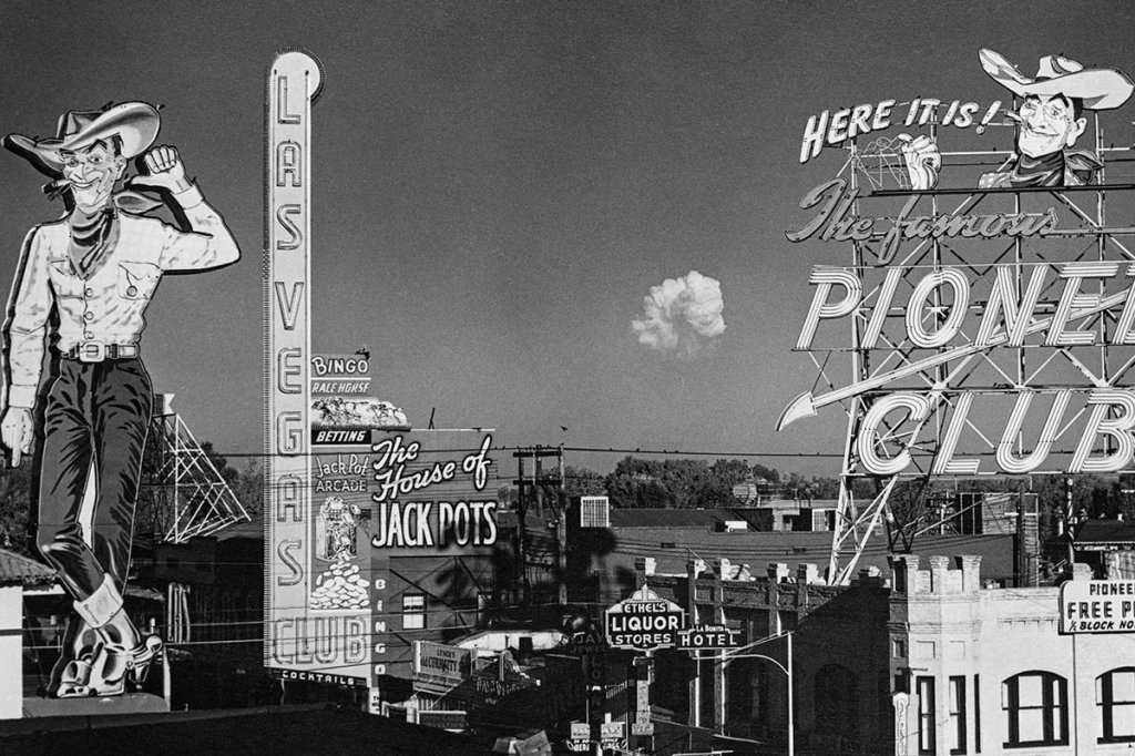 The atomic mushroom cloud from The Priscilla Test, part of Operation Plumbbob, raised over Fremont Street on June 24, 1957. 