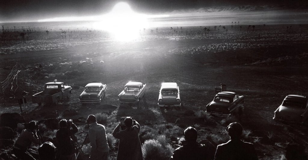 Photographers captured an atomic blast at News Nob, the designated site for reporters to record images of the atmospheric tests, northwest of Las Vegas, Nevada, on June 24, 1957. In reaction to people’s interest, the Las Vegas Chamber of Commerce promoted the dates and times for these tests.