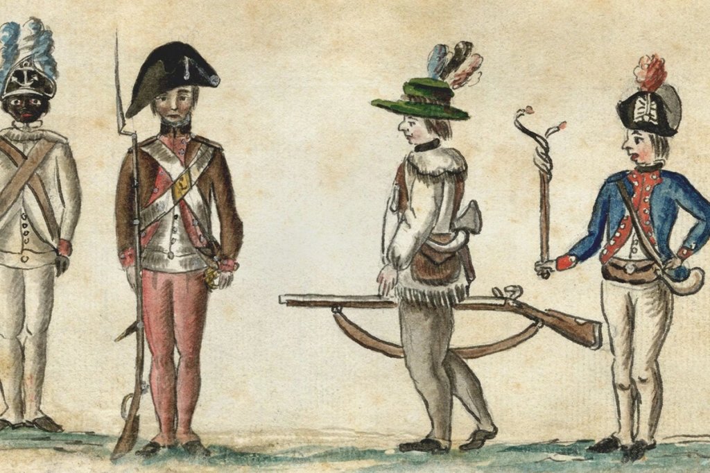 Soldiers of the American Revolution (L-R): African American of the 1st Rhode Island Regiment; New England militiaman; frontier rifleman wearing a Virginia hunting shirt; French officer in a blue coat.