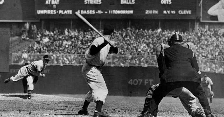 Bob Feller military service throws to Joe DiMaggio during his Apr. 30, 1946 no-hitter at Yankee Stadium. (Hugh Broderick/Corbis/VCG via Getty Images)