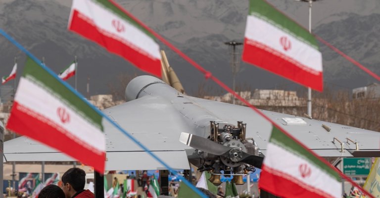 An Iran-made unmanned aerial vehicle (UAV), the Shahed-136, is displayed in a rally commemorating the 47th anniversary of the Islamic Revolution's victory in Azadi (Freedom) Square in western Tehran, Iran, on February 11, 2026. (Photo by Morteza Nikoubazl/NurPhoto via Getty Images)