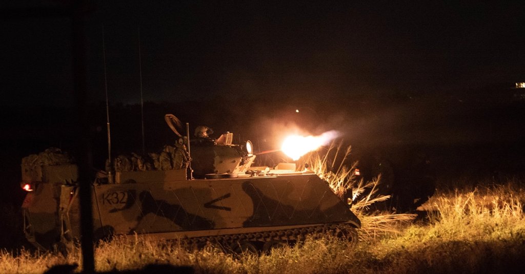 Australian Army soldiers with 3rd Battalion, Royal Australian Regiment, provide suppressive fire in a M113 Armored Personnel Carrier during a training scenario at Exercise Talisman Sabre 21 in Bowen, Queensland, Australia, July 24, 2021. TS21 supports the U.S. National Defense Strategy by enhancing the ability to protect the homeland and provide combat-credible forces to address the full range of potential security concerns in the Indo-Pacific. (U.S. Marine Corps photo by Cpl. Michael Jefferson Estillomo)