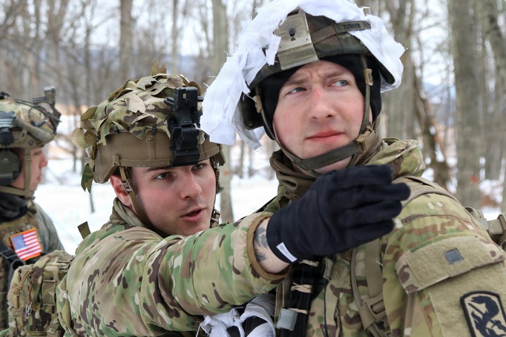 Soldiers attending the Infantry Advanced Leader Course conduct a field training exercise at the 166th Regiment