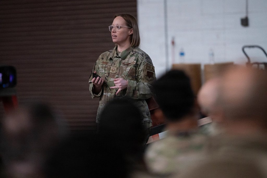 Master Sgt. Shelby Rice giving a presentation. (Senior Airman Julia Ahesy)