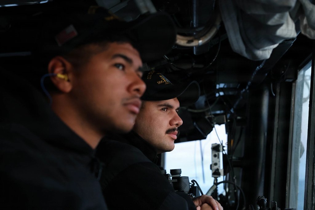 Sailors assigned to the Arleigh Burke-class guided-missile destroyer USS Thomas Hudner stand bridge watch as the ship fires a Tomahawk on Mar. 5, 2026. (U.S. Navy)