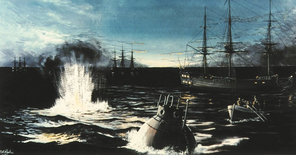 An artist depiction of the Bushnell Turtle in action against the HMS Eagle in New York Harbor.