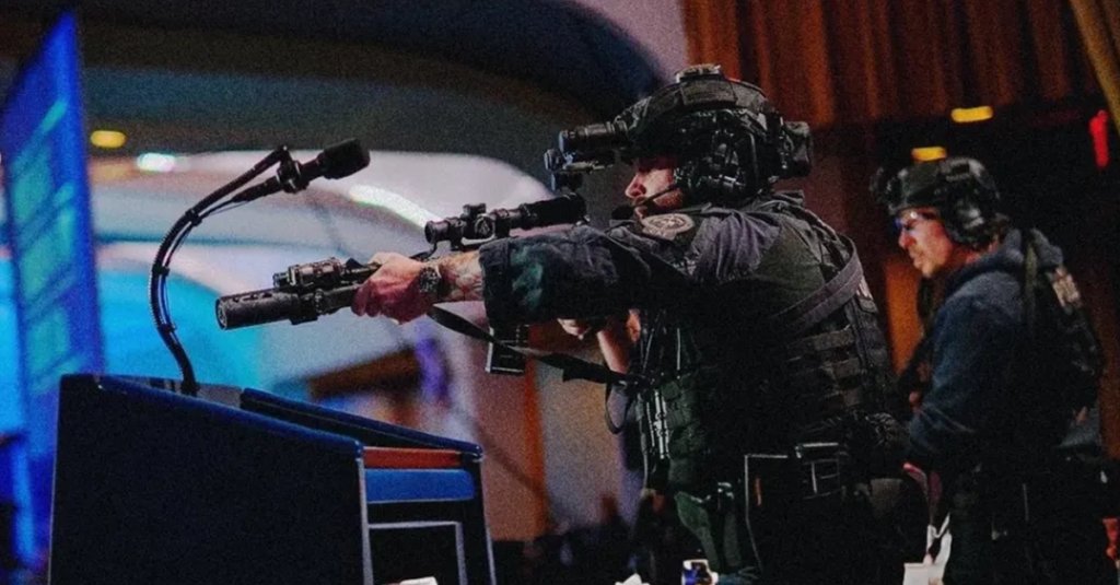 Agents stand guard after an incident at the annual White House Correspondents Association Dinner April 25, 2026 in Washington, DC.