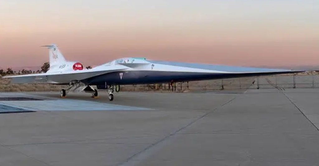 NASA’s X-59 quiet supersonic research aircraft sits on the ramp at Lockheed Martin Skunk Works in Palmdale, California during sunrise, shortly after completion of painting. With its unique design, including a 38-foot-long nose, the X-59 was built to demonstrate the ability to fly supersonic, or faster than the speed of sound, while reducing the typically loud sonic boom produced by aircraft at such speeds to a quieter sonic “thump”. The X-59 is the centerpiece of NASA’s Quesst mission, which seeks to solve one of the major barriers to supersonic flight over land, currently banned in the United States, by making sonic booms quieter.