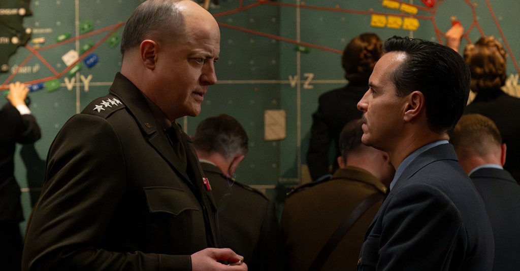Brendan Fraser as Gen. Dwight D. Eisenhower and Andrew Scott as Capt. James Stagg in director Anthony Maras' "Pressure." movie