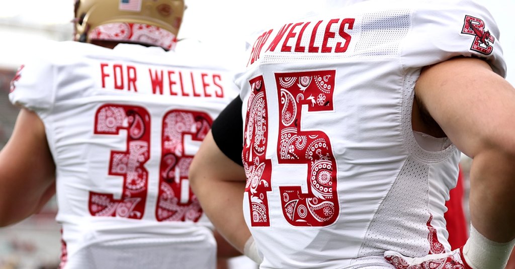 the Boston College Eagles "Red Bandana Game" uniforms before the game between the Florida State Seminoles and the Boston College Eagles at Alumni Stadium on September 16, 2023 in Chestnut Hill, Massachusetts. The Red Bandana uniforms are worn in honor of Boston College alumni Welles Crowther who died on September 11, 2001 saving the lives of others in the South Tower of the World Trade Center. (Photo by Maddie Meyer/Getty Images)