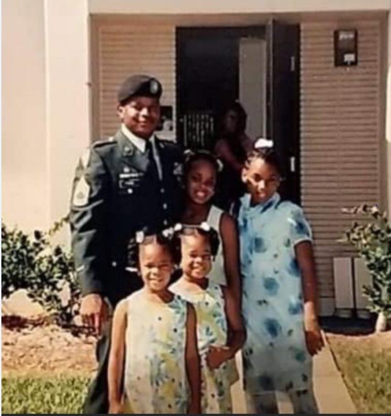 “This picture was taken in August 2002, Defense Equal Opportunity Management Institution Graduation Day at Patrick Air Force Base, FL. My 4 girls are Te’Jauna, Chantale, Jayda, and Jasmine. Although I have been retired now for 18 years, when I look back on those times spent with my girls, the time away from them due to four deployments, multiple field training exercises, and leadership schools reminds me of a great unique military life. We got to travel to multiple countries and see things we may not have ever seen or experienced outside of the military. We met some amazingly close friends along the way. Being a military dad meant and means the world to me. My children still brag about being Army Brats. Some people just don’t understand! I SAY HOOOAAHHH!”
