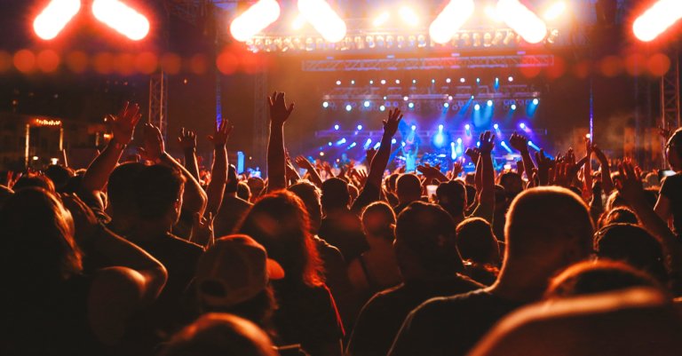 Concert Crowd Arms Raised, Audience Cheering, Live Music Event