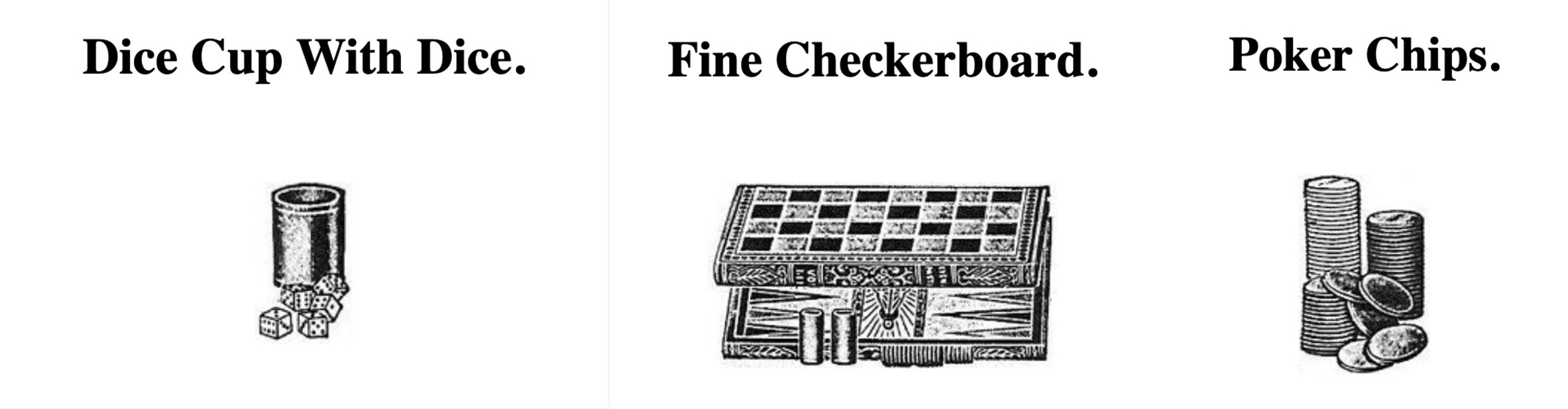 A Sears Roebuck catalog listing for World War I camp leisure items, includes dice and a cup, a chessboard, and poker chips.
