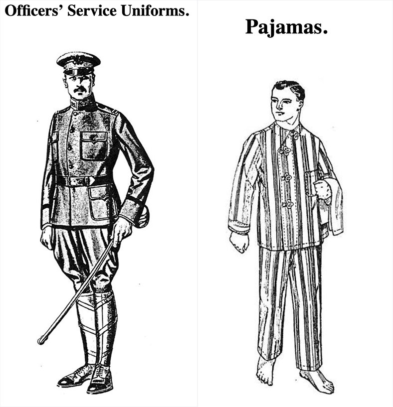 Screenshots show an officer uniform and pajamas advertised to World War I American officers by Sears Roebuck.