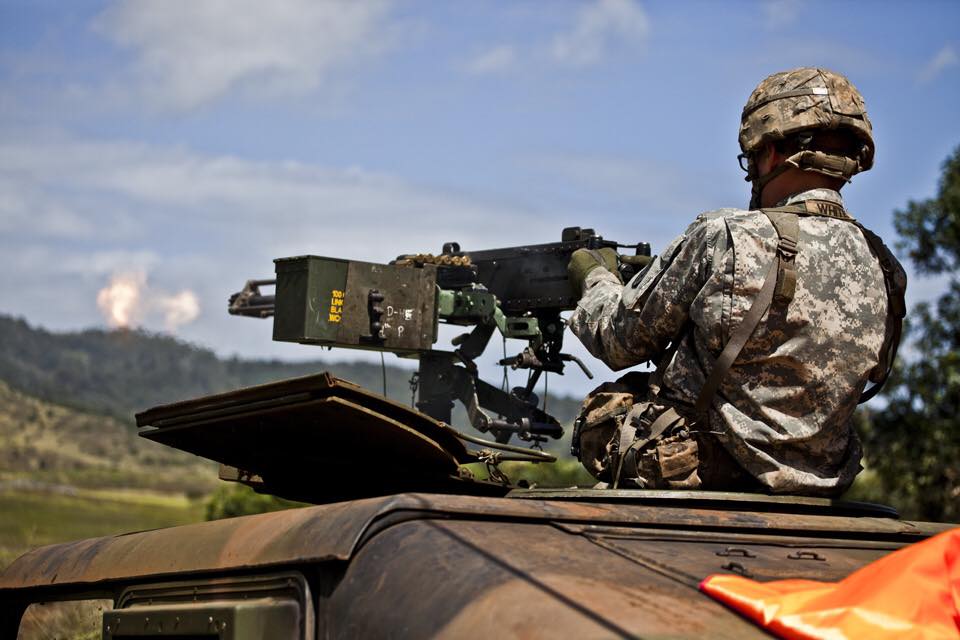A soldier firing a ma deuce machine gun