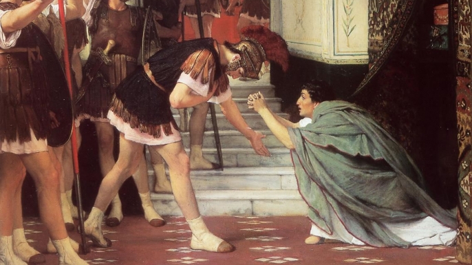 Painting of the corrupt Praetorian guard, with a noble member pleading for his life. 