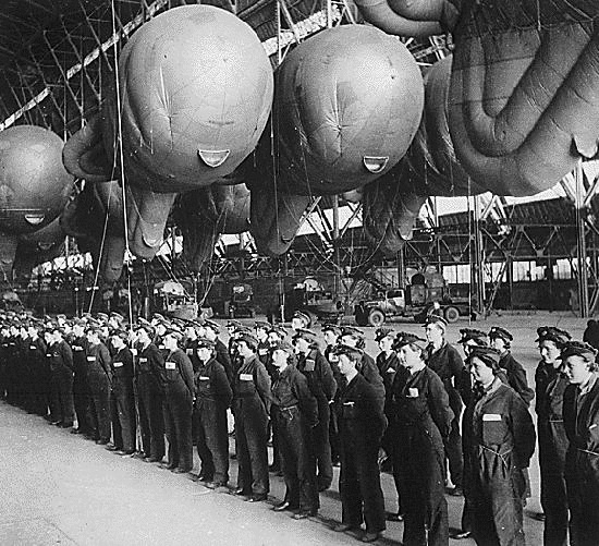 Barrage balloons and their crews in World War II.