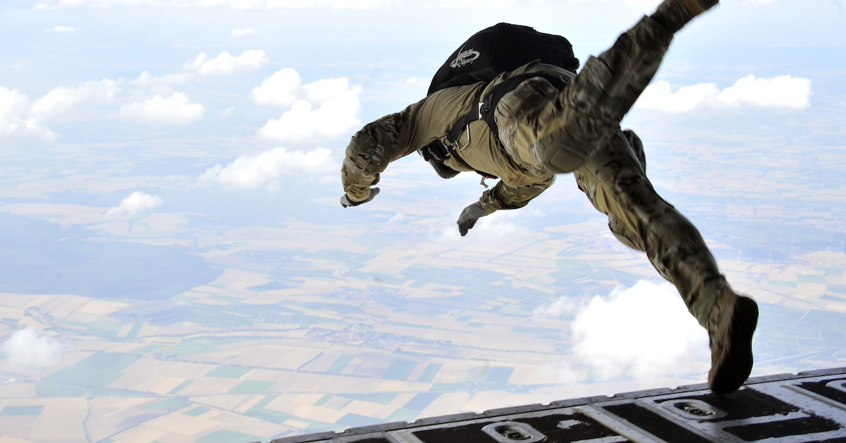 Here’s what it looks like when paratroopers jump out of a helicopter